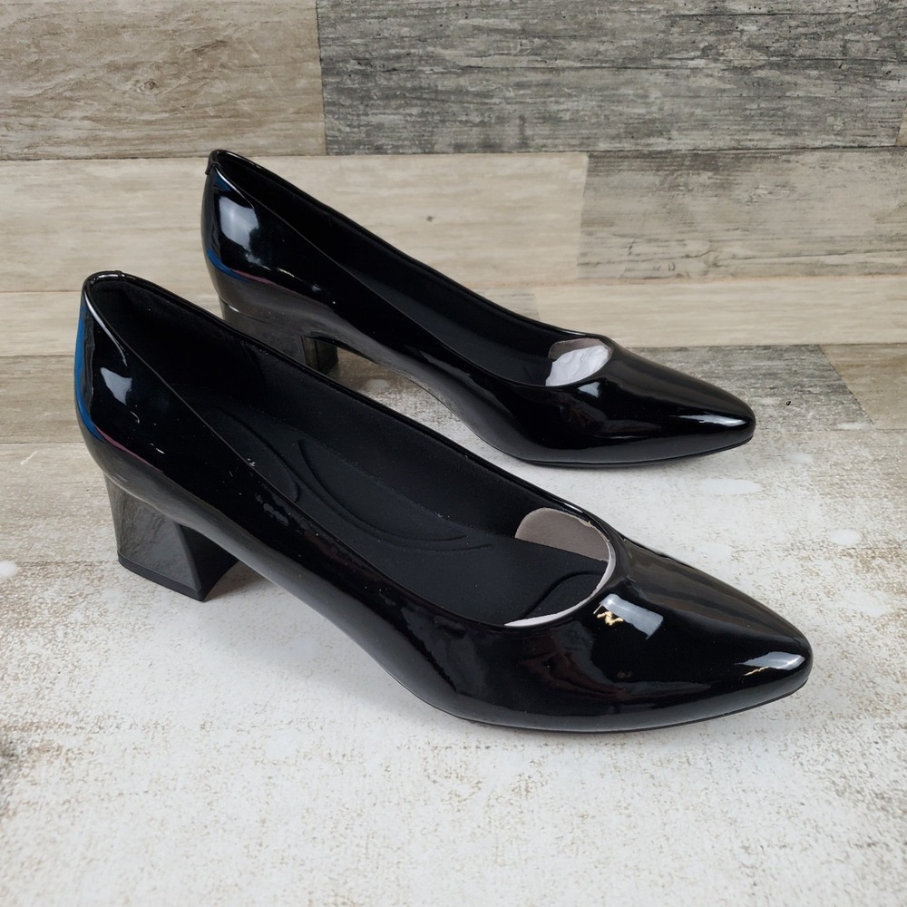 Easy Spirit Nicole Womens Pump Sz 9 M Black Patent Slip On Block Heel Almond Toe